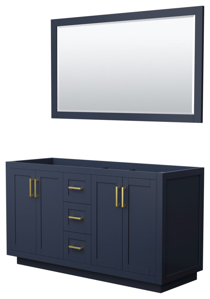 60" Double Bathroom Vanity, Dark Blue, No Countertop, Gold Trim, 58" Mirror