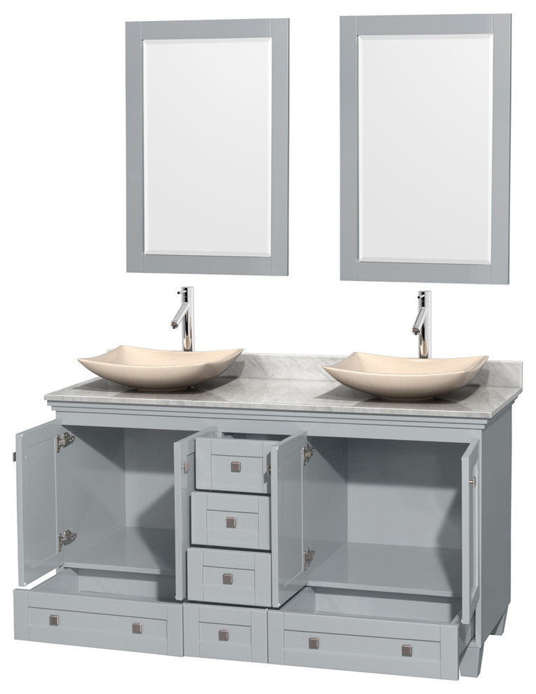 Acclaim Oyster Gray DBL Vanity 24" Mirrors 60" White Carrera Marble, Ivory Marbl