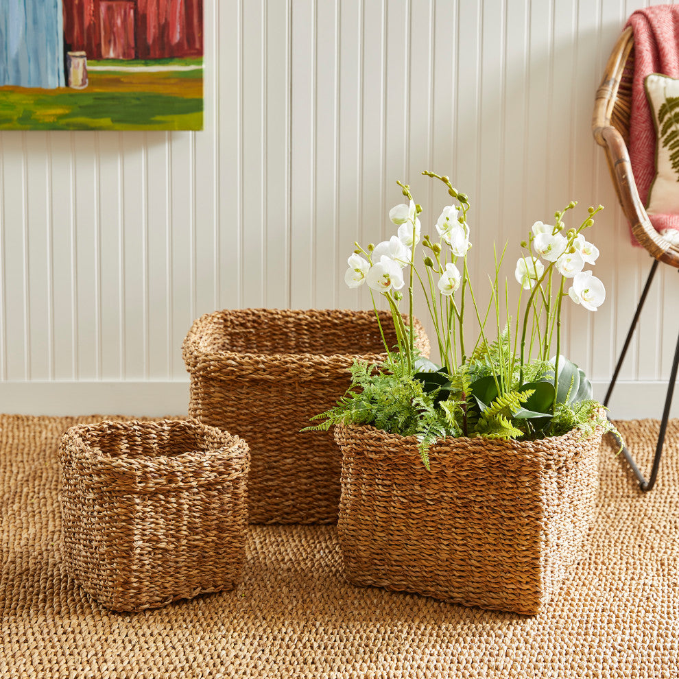 Set of 3 Woven Sea Grass Storage Baskets Square 17 14 11 in Natural Spa Towel