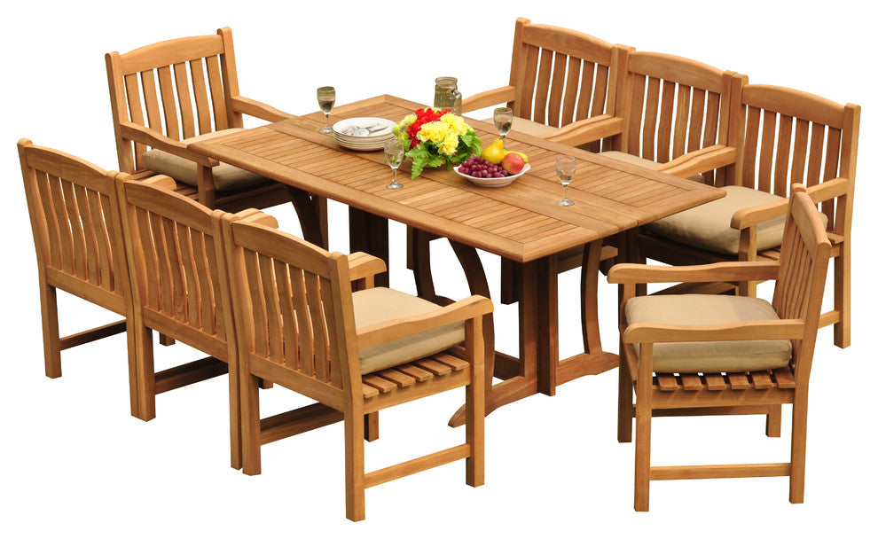 9-Piece Outdoor Patio Teak Dining Set, 69" Warwick Table, 8 Devon Arm Chairs