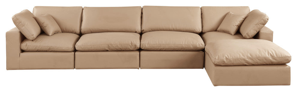 Comfy Upholstered L-Shaped Modular Sectional, Tan, 5-Piece: 2 Armless Chair, 2 Corner Chair, 1 Ottoman, Vegan Leather