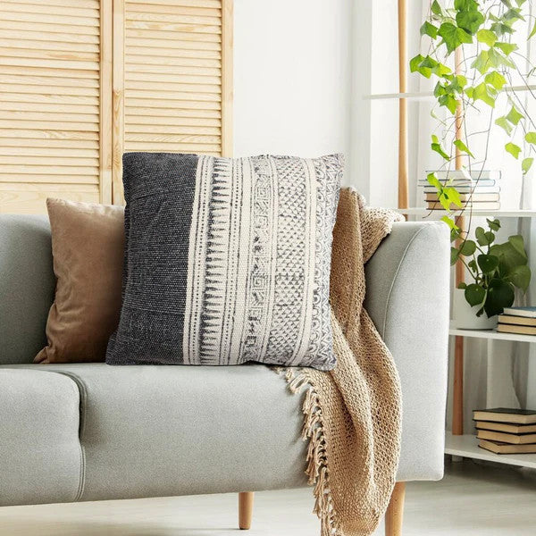 Benzara BM200554 18 x 18 HandWoven Cotton Pillow with Block Print White and Gray