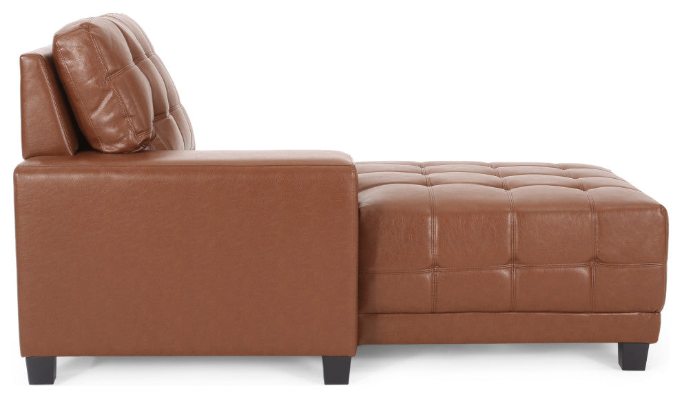 Littell Faux Leather Tufted 3 Seater Sofa, Chaise Sectional Set, Cognac/Brown