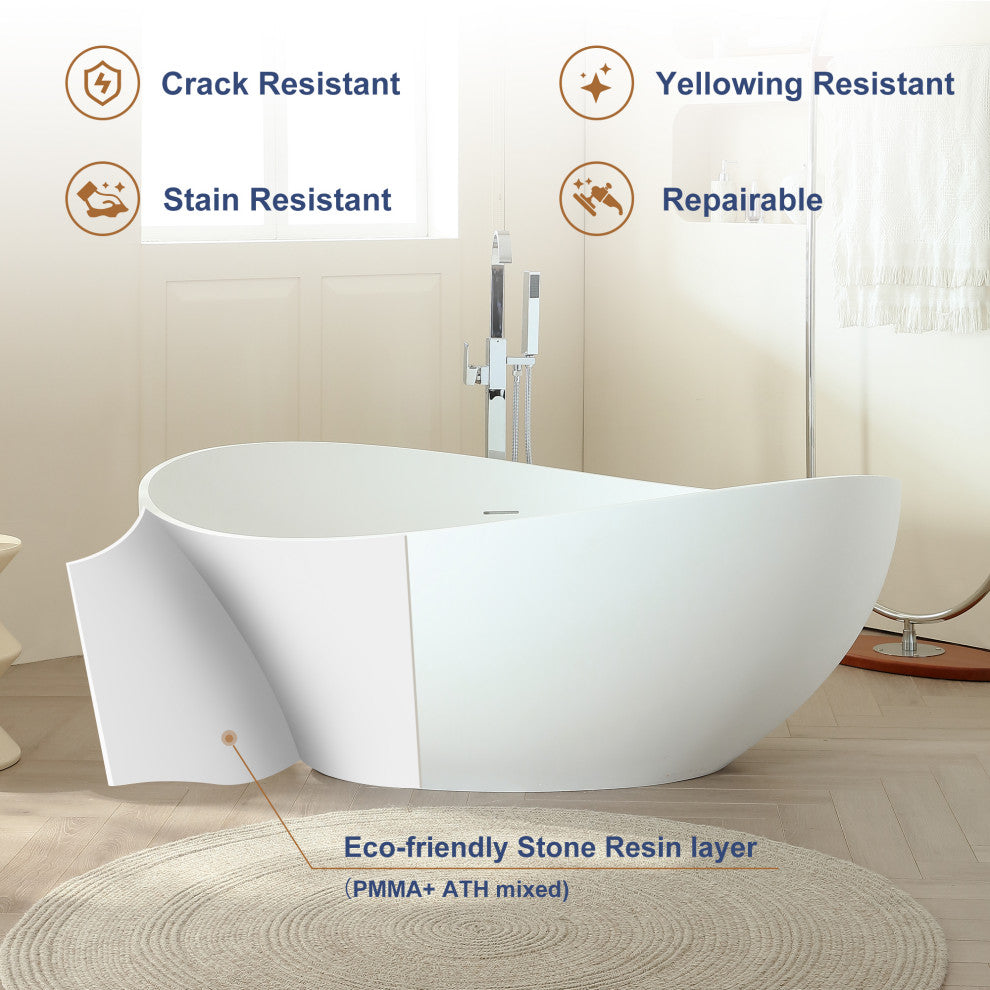 63" Wave-Shaped Stone Resin Matte Freestanding Bathtub, White