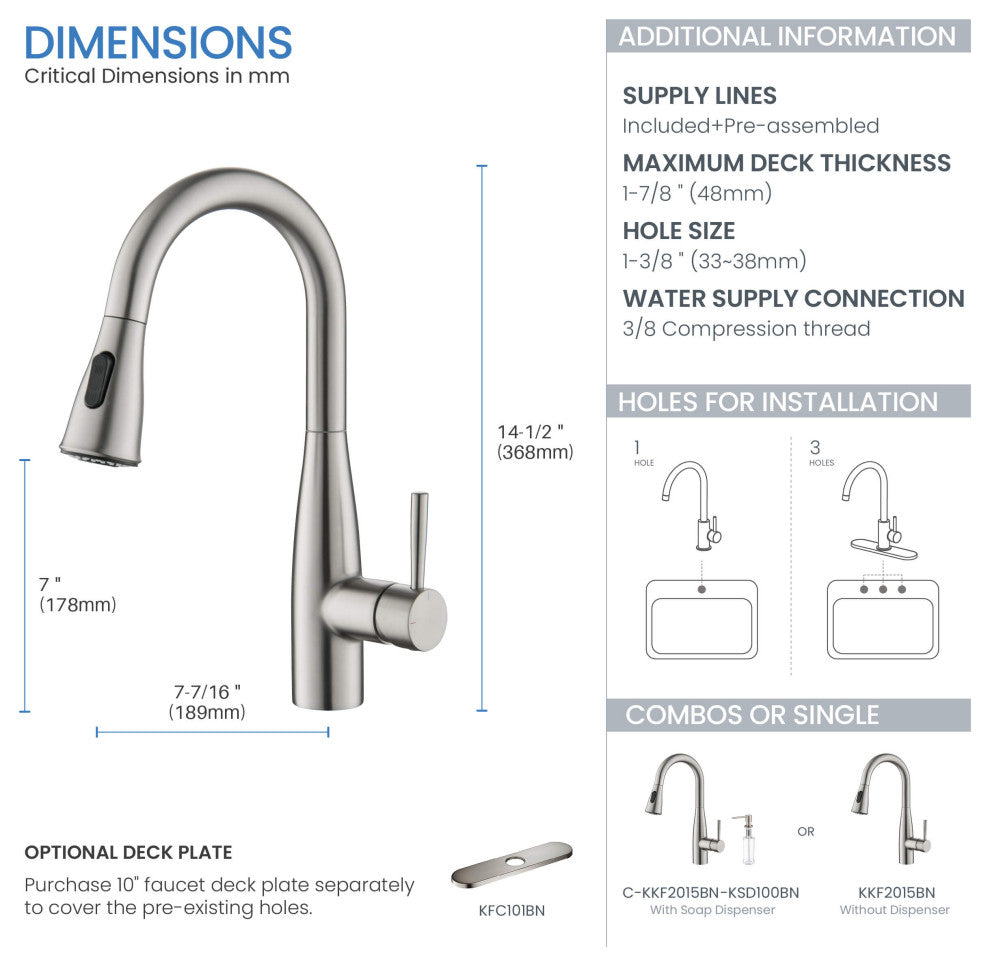 Bari Single Handle Pull Down Sink Faucet and Soap Dispenser, Brushed Nickel