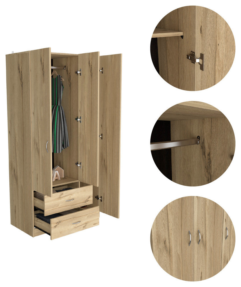 Eureka 3 Door Armoire with 2 Drawers, Inner Shelves, and Rod, Light Oak