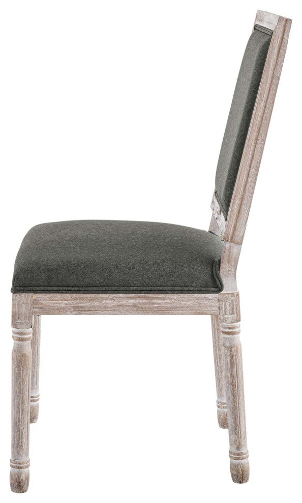 French Vintage Side Dining Chair, Fabric, Wood, Brown Natural Gray, Modern
