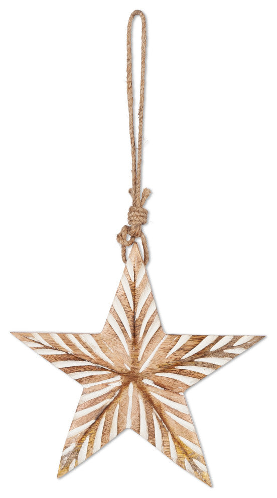Set of 3, Assorted Hanging Engraved Mango Wood Stars