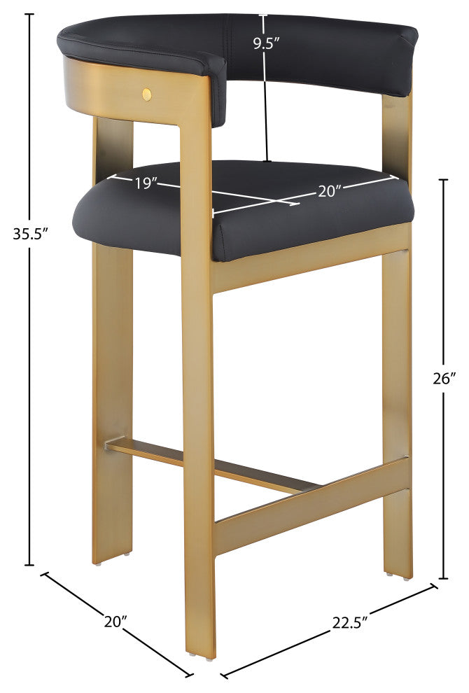 Romeo Upholstered Counter Stool, Set of 2, Black, Vegan Leather, Brushed Gold