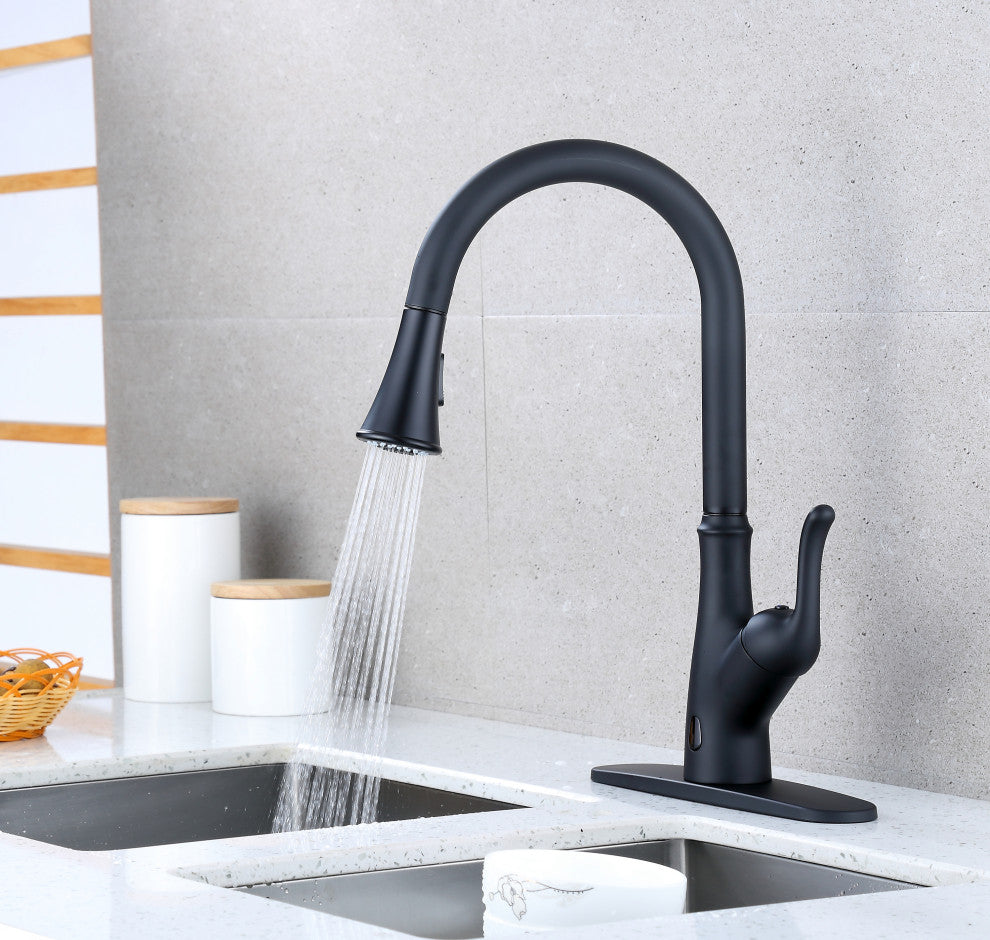 Runfine Hands Free Single-Handle Pull down Sprayer Kitchen Faucet, Matte Black