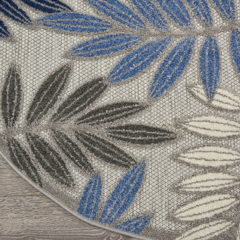 8 Round Gray and Blue Leaves Indoor Outdoor Area Rug