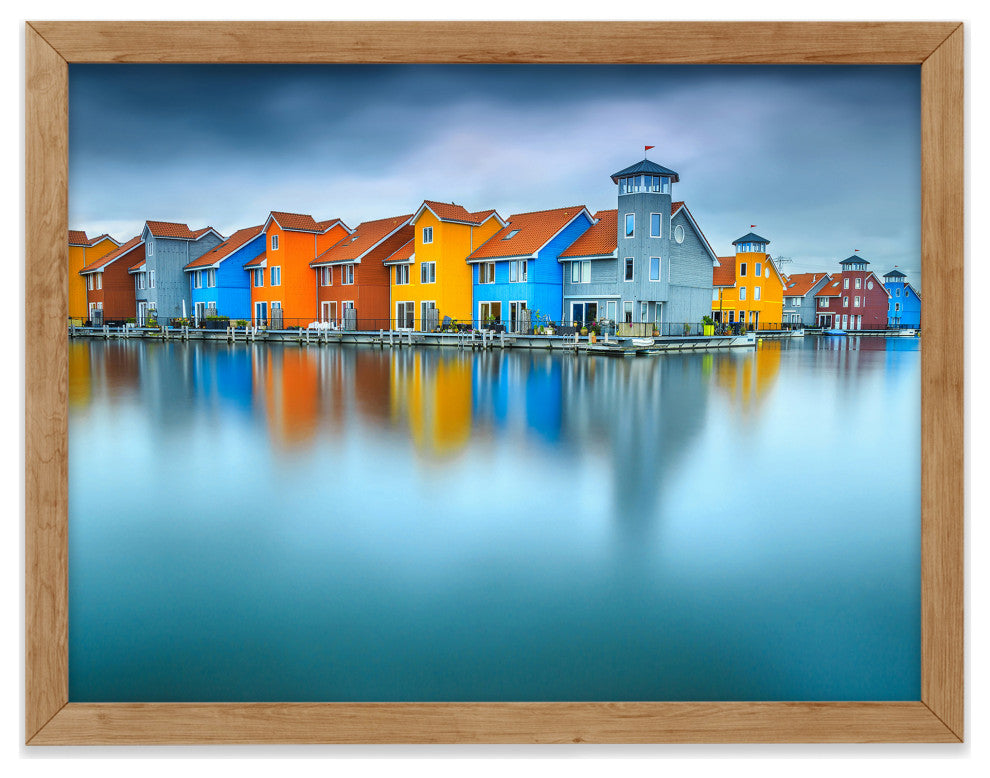 Blue Morning at Waters Edge Landscape Framed Photo Paper Wall Art Prints, Red Oak, 18" X 24"