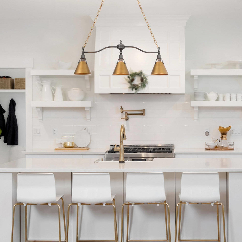 3-Lights Antique Gold and Gray Contemporary LED Kitchen Island Lamp