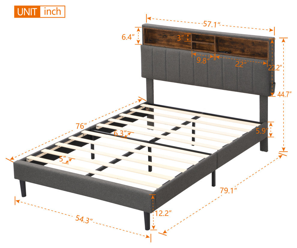 TATEUS Upholstered Platform Bed With Storage Headboard and USB Port, Gray, Full