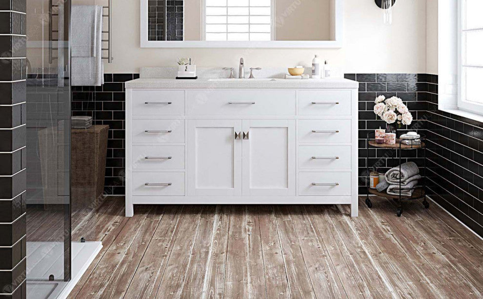 Caroline 60" Single Bath Vanity, White, White Quartz Top and Square Sink