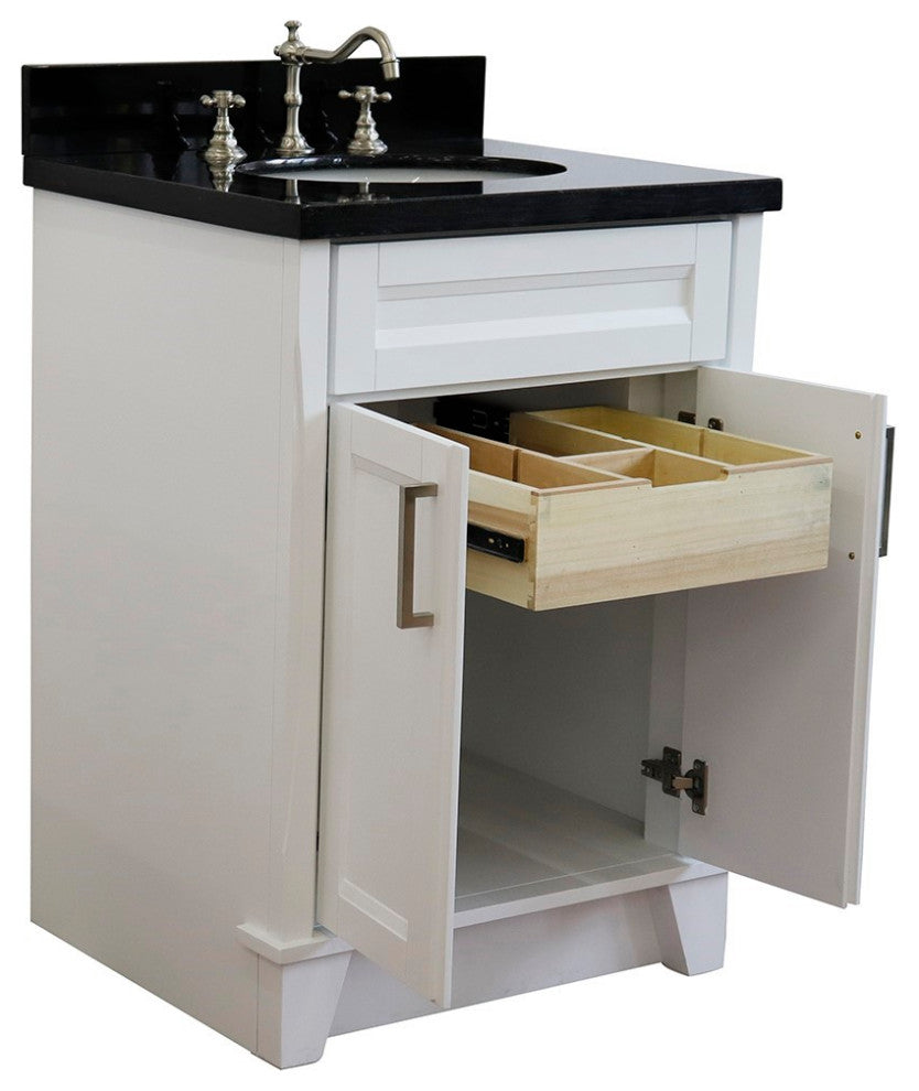 25" Single Sink Vanity, White Finish With Black Galaxy Granite And Oval Sink