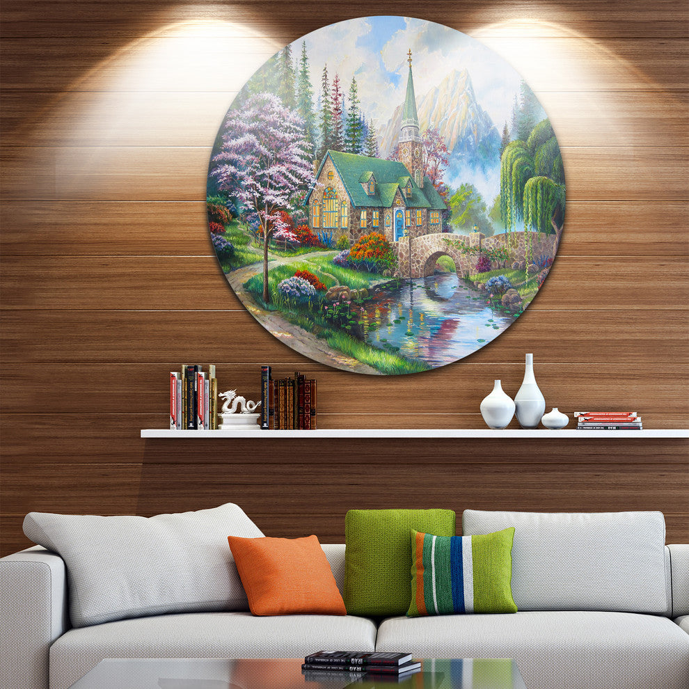 Church In Forest Oil, Landscape Disc Metal Wall Art, 36"