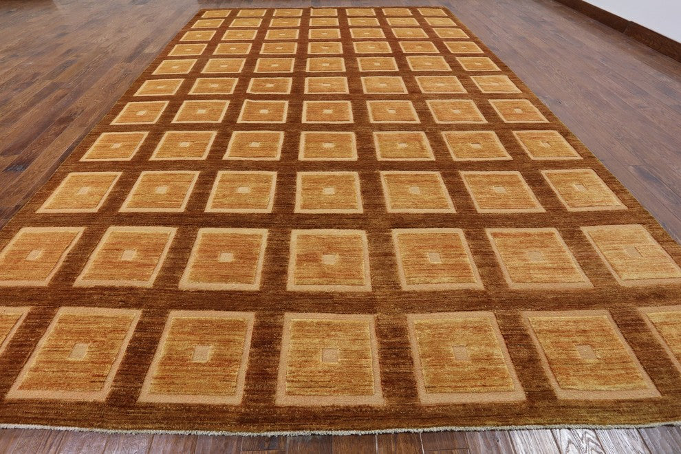 Modern Orange Geometric Gabbeh Hand-Knotted Wool Rug, 10'x15'