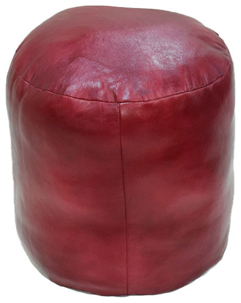 Pouf-Solid Handmade Leather Pouf (Recycled Foam with Fiber Fill), Dark Pink, (Round)18x18x18