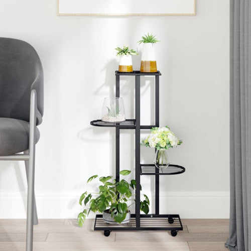 vidaXL 4-Floor Flower Stand with Wheels Decorative Plant Shelf Stand Black Iron