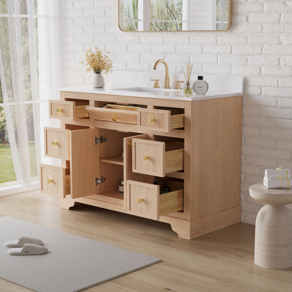 Solid Wood Bathroom Vanity with Carrara White Quartz Top, CUPC-certified Sink, 48"