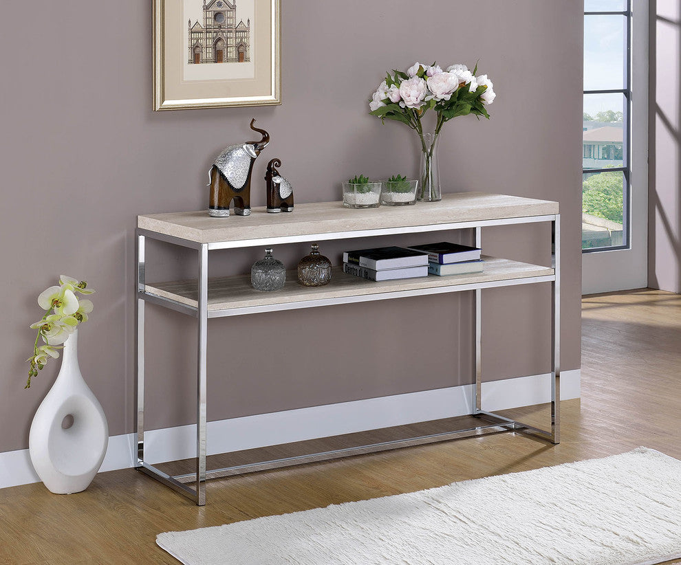 Metal Sofa Table with Wooden Top and Shelf, Silver and Weathered White