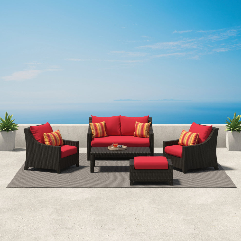 Deco 5 Piece Sunbrella Outdoor Patio Love and Club Seating Set, Sunset Red
