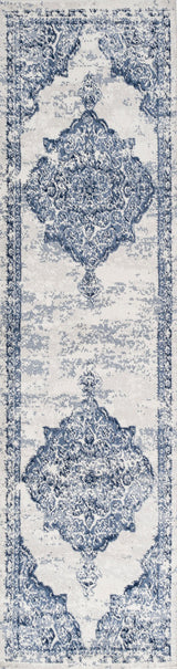 Alhambra Ornate Medallion Modern Runner Rug, Light Blue/Ivory, 2'x10'