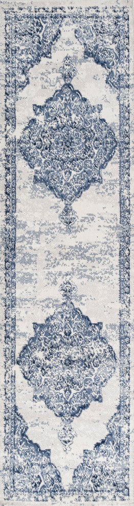 Alhambra Ornate Medallion Modern Runner Rug, Light Blue/Ivory, 2'x10'