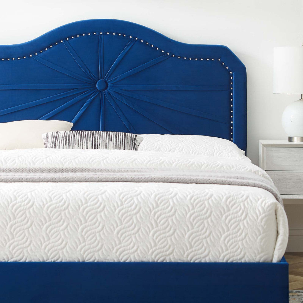 Platform Bed Frame, King Size, Velvet, Blue Navy, Modern Contemporary, Bedroom