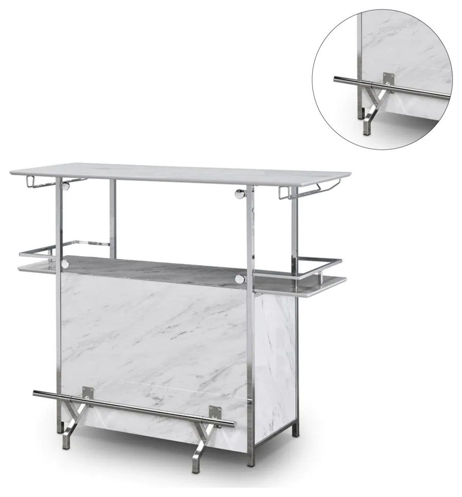 Faux Marble Bar Table With Glass Holder, White and Chrome