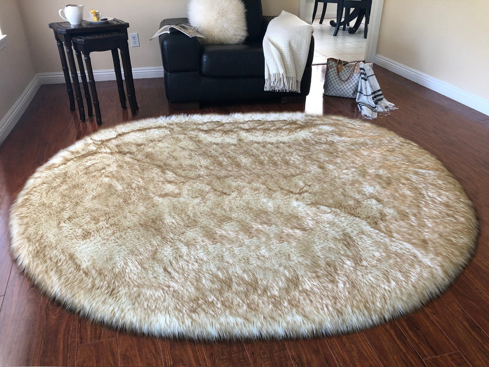 Super Soft Faux Sheepskin Rug, Oval, Eclipse, White, Brown Tips, 12'x15'