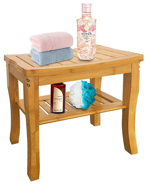 Bamboo Shower Bathroom Bench With Shelf 18"