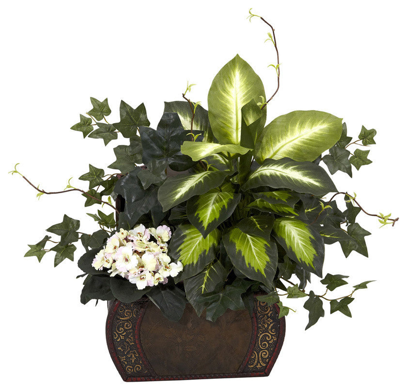 African Violet, Dieffenbachia and Ivy With Chest Silk Plant