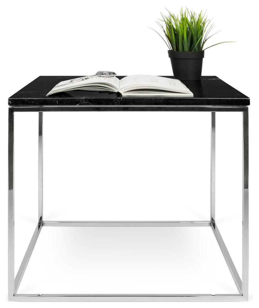 Minimal Modern Cube Marble Top Side Table, Black Marble/Chrome