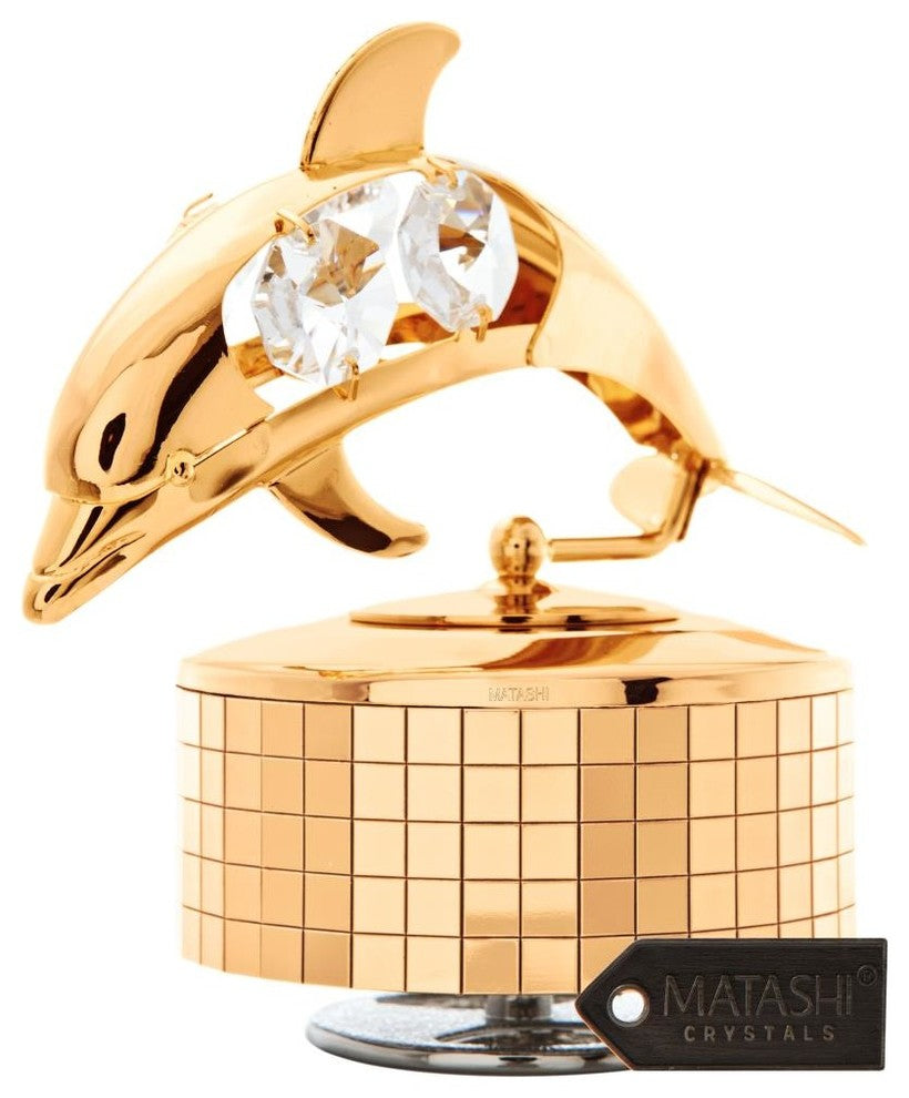 24K Gold Plated Music Box With Crystal Studded Dolphin Figurine