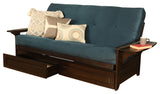 Mesa Frame Futon With Espresso Finish, Storage Drawers, Suede Blue