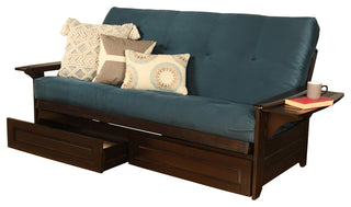 Mesa Frame Futon With Espresso Finish, Storage Drawers, Suede Blue