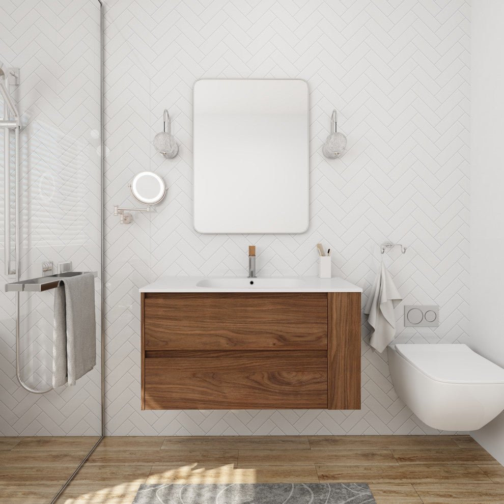 36" Plywood Wall Mounting Bath Vanity Set, Brown Oak, Gel Sink