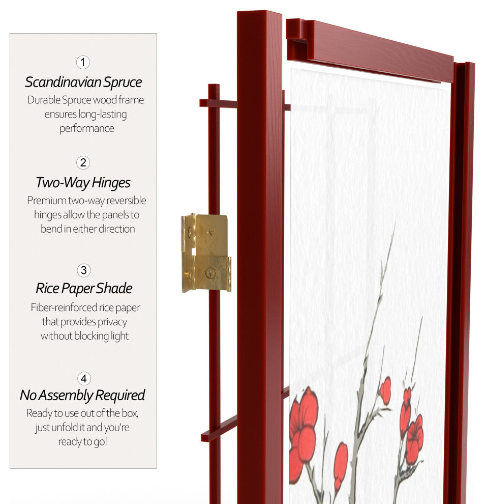 7' Tall Cherry Blossom Shoji Screen, Rosewood, 4 Panels