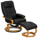 Black Leather Recliner and Ottoman With Swiveling Maple Wood Base