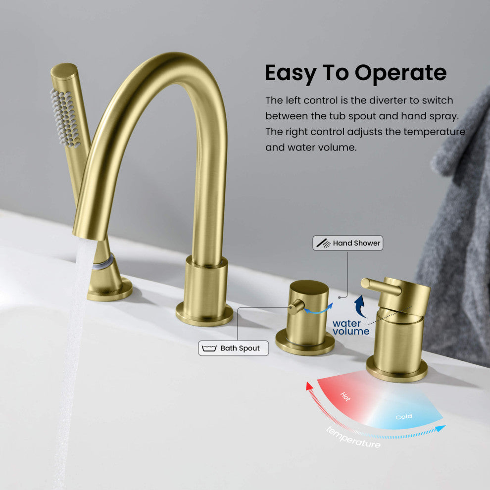 Circular Deck Mounted Bathtub Faucet With Hand Shower, Brushed Gold