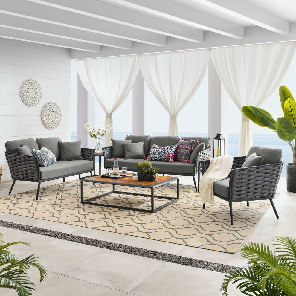 Lounge Sectional Sofa Chair Table Set, Aluminum, Modern, Outdoor, Gray