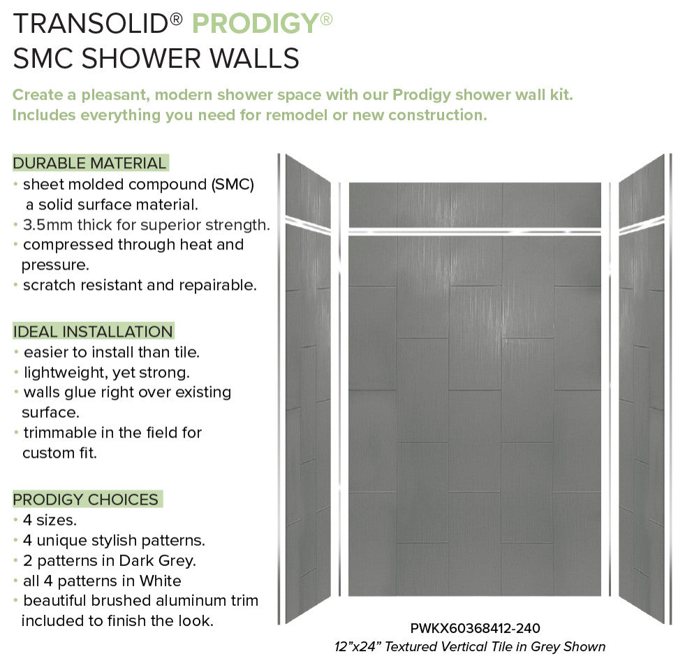 Transolid PWKX60368412-240 Prodigy 60"x36"x96" Shower Wall Kit, Grey Vertical