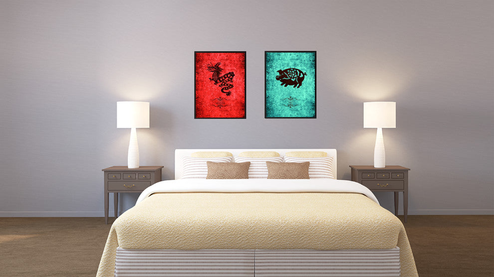 Pig Chinese Zodiac Aqua Print on Canvas with Picture Frame, 13"x17"
