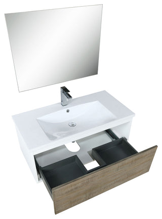 Scopi 36 Rustic Vanity, Acrylic Top With Sink, Gun Metal Faucet Set, 28 Mirror