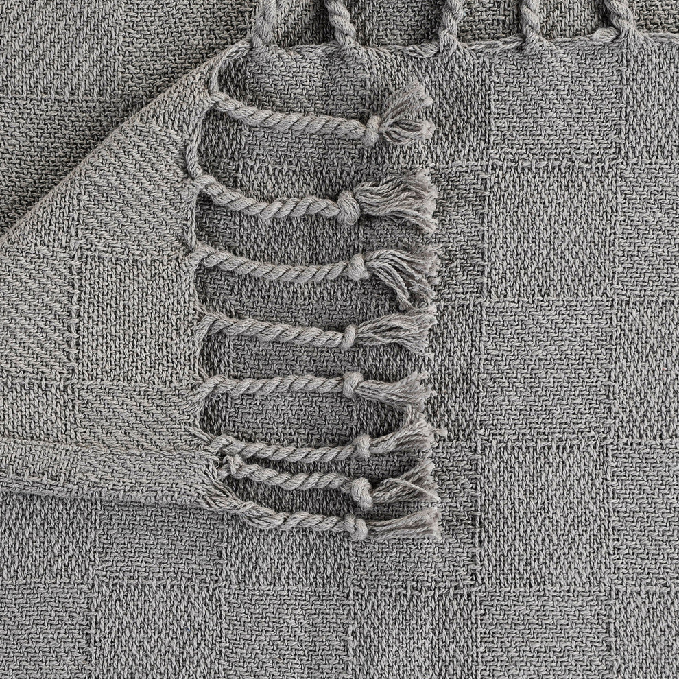 Checkered Weave Throw Blanket with Fringe, Light Gray