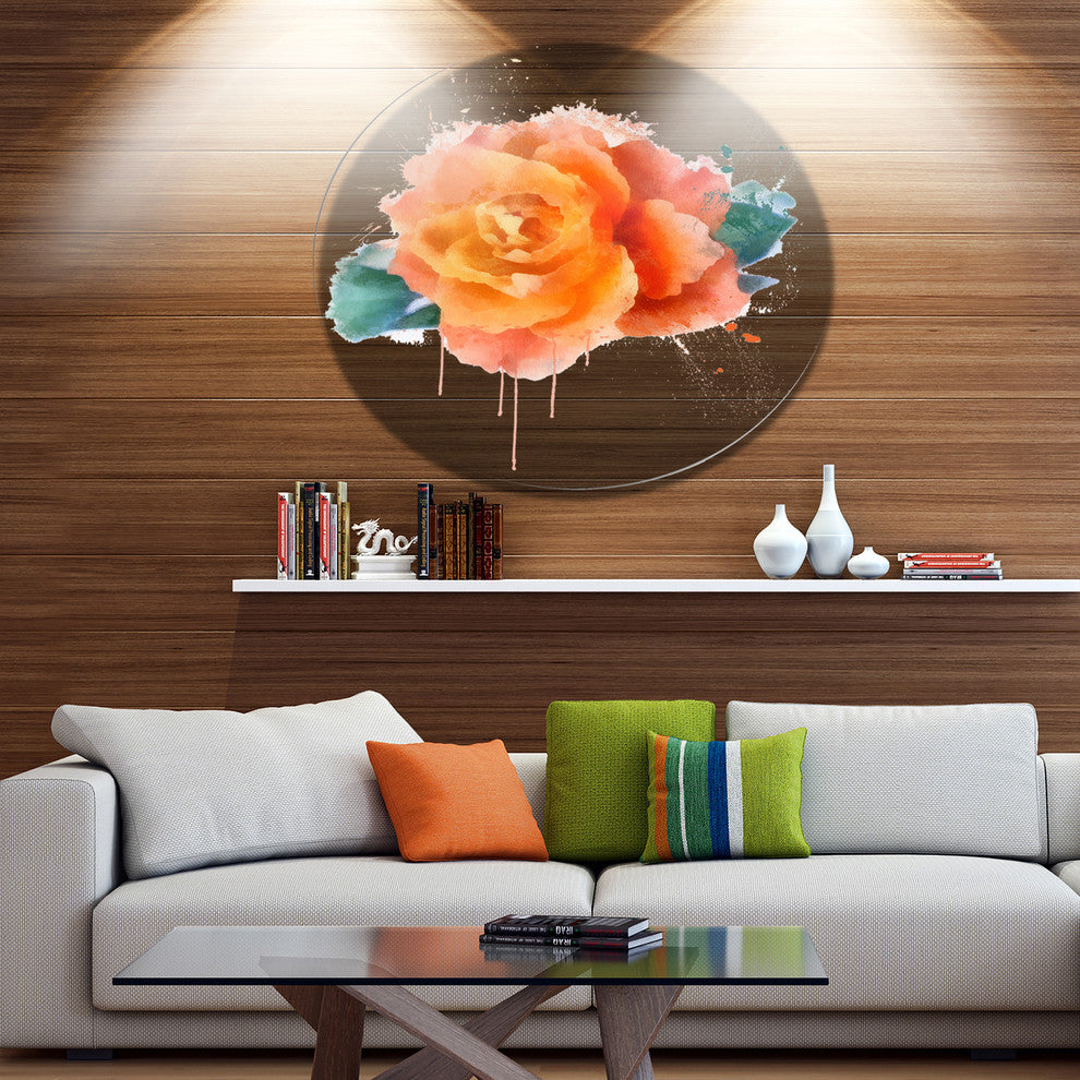 Orange Rose With Green Leaves, Floral Large Disc Metal Wall Art, 11"