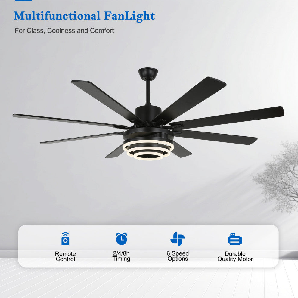72" Modern 8 Wood Blades Large Ceiling Fan w LED Light, Black