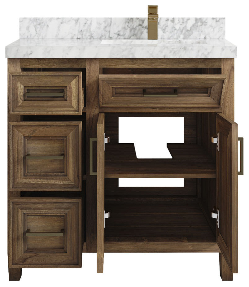 Santa Monica 36 Right Offset  Bath Vanity in Graywashed Teak 2" Carrara Marble